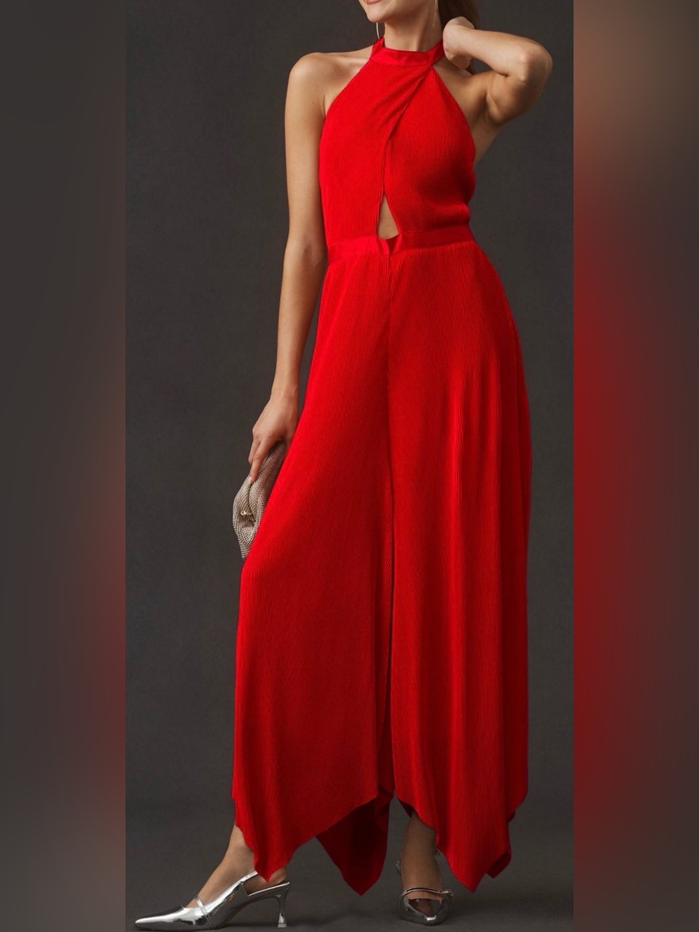 Anthropologie NWT Red Plisse Halter Jumpsuit - Picture 1 of 9